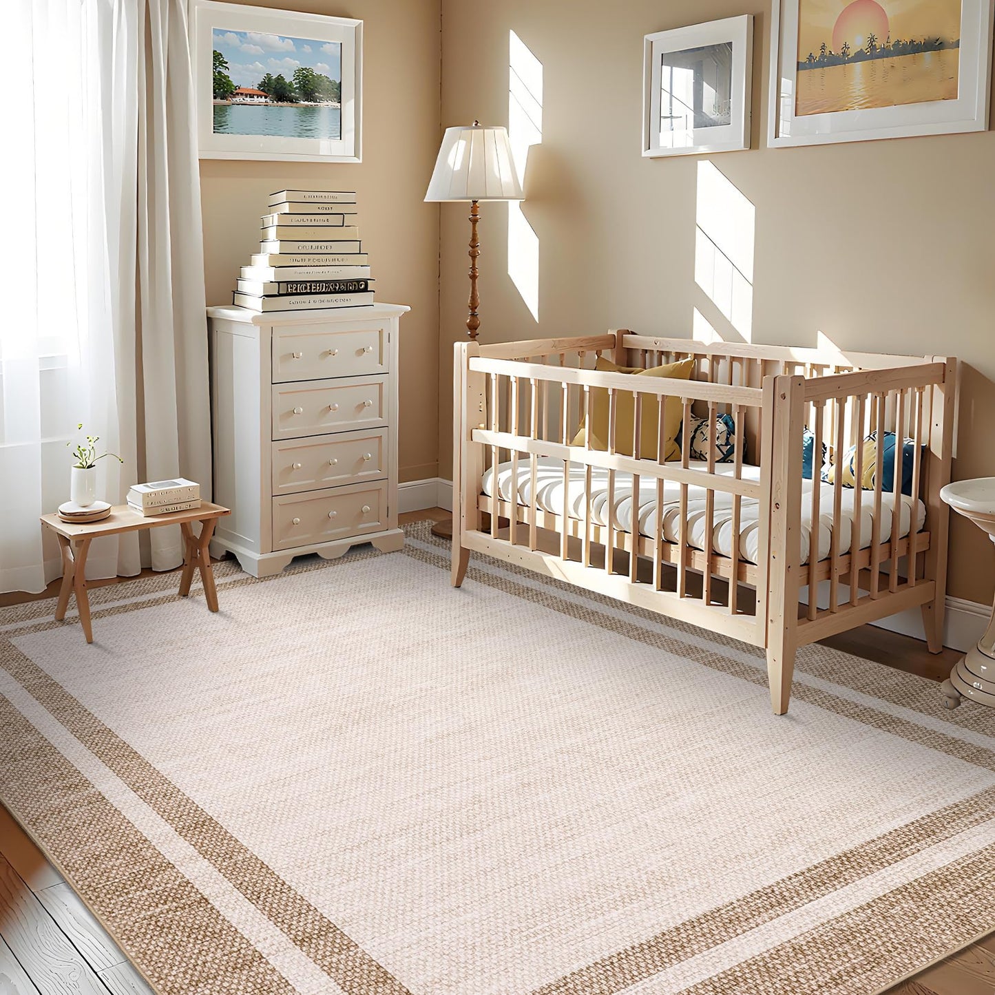 COZYLOOM 5x7 Living Room Rugs Washable Kids Bedroom Rug Non Slip Stain Resistant Modern Bordered Rug Non Shedding Low Pile Carpet Foldable Thin Minimalist Mats for Entryway Nursery Office, Beige