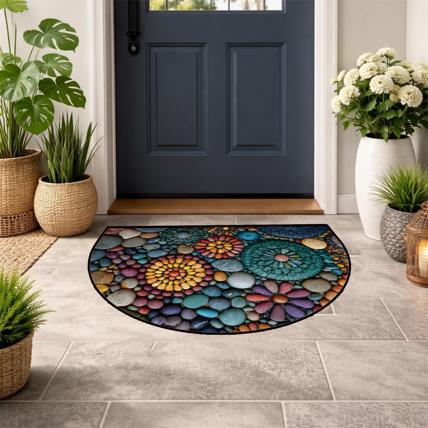 NYZE Semi Circle Door Mat Half Round Welcome Mat Non Slip Low-Pile Absorbent Half Circle Entryway Rug for Bathroom Bedroom Laundry Room(Pebble Floral, 24"×36")