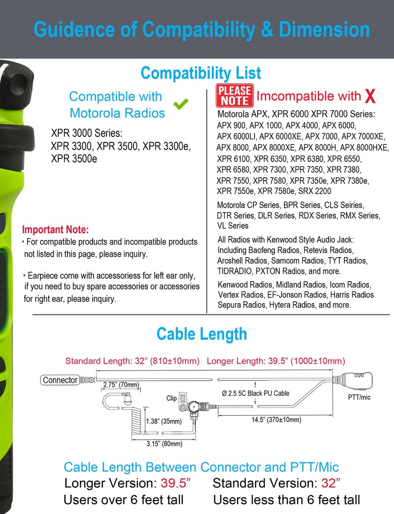 commountain XPR 3500e Earpiece with Mic Compatible with Motorola Radios XPR 3300e (3500, 3300) XPR3300e XPR3500e XPR3300 XPR3500, Acoustic Tube Headset with PTT Microphone