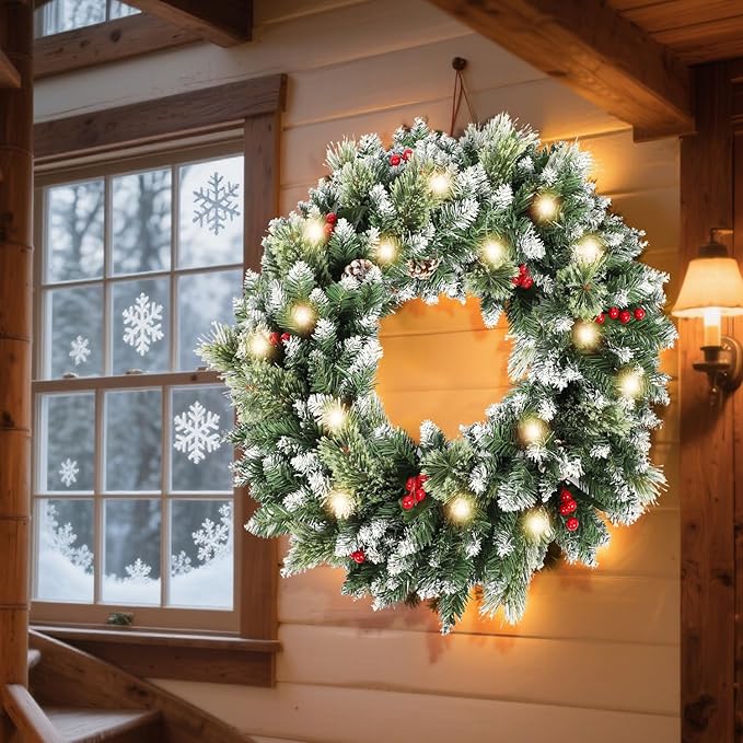 24 Inch Christmas Wreaths for Front Door with Lights,Lighted Artificial Flowering Pine Door Wreath,Prelit Faux Green Winter Wreath with Pine Cones and Red Berry for Indoor Outdoor Decor