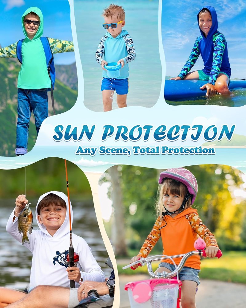 Boys Rash Guard Swim Hoodie - UPF 50+ UV Sun Protection Long Sleeve Fishing Shirt | Kids Water Shirt