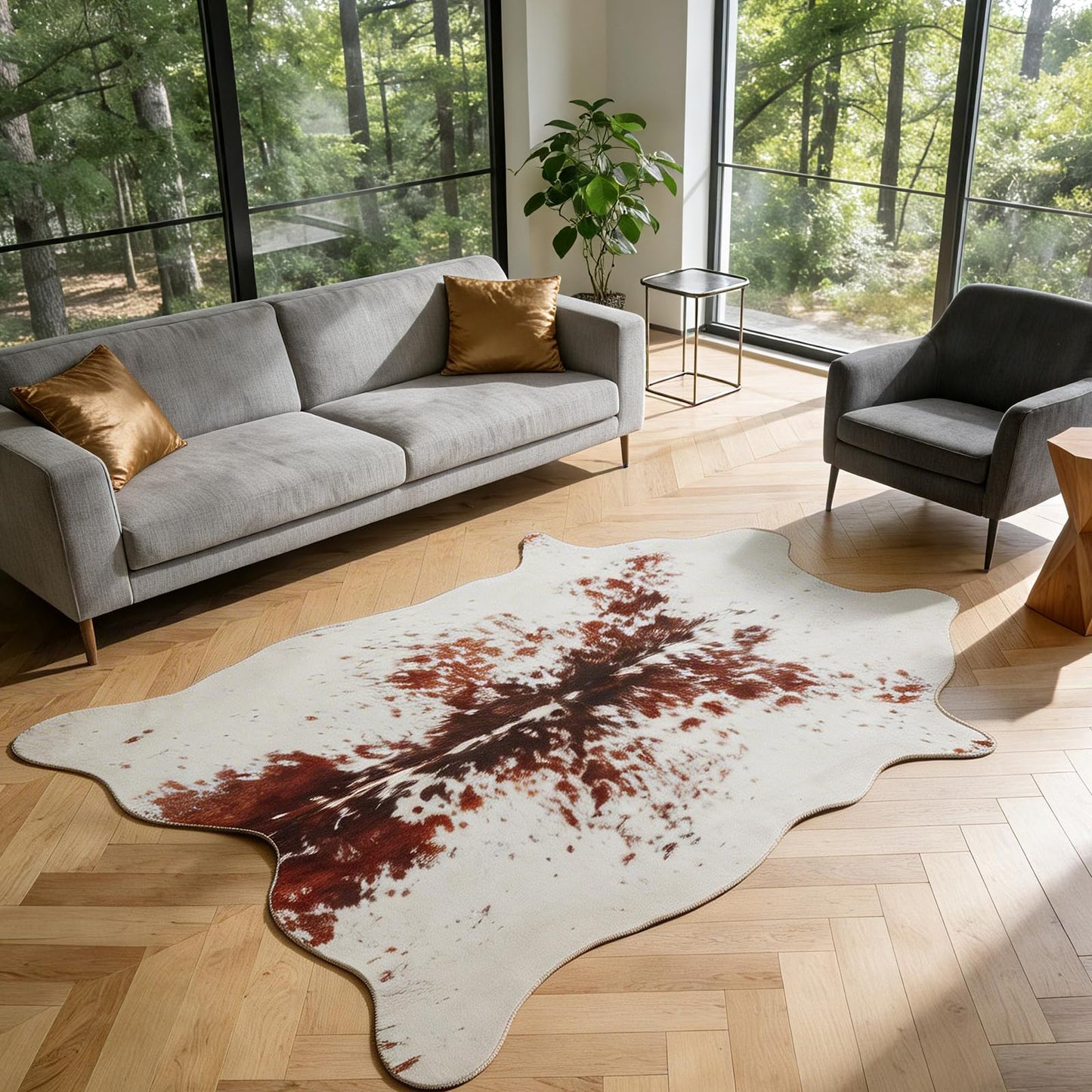 ThreadGlobe Faux Cowhide Rug, Cow Print Western Area Rug for Living Room, Non-Slip Stain Resistant Carpet with Suede Backing, Easy Clean Rug for Bedroom, Western Decor, White Brown, 4'7"x5'3"