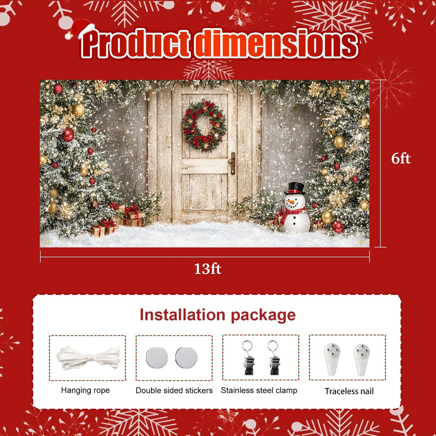 HOMETITUTE Christmas Garage Entryway Banner 13x6ft Gray Wall with Wooden Entryway Decoration Featuring Xmas Trees Snowman Gift BoxesSnowflakes and Lights for Outdoor Holiday Backdrop