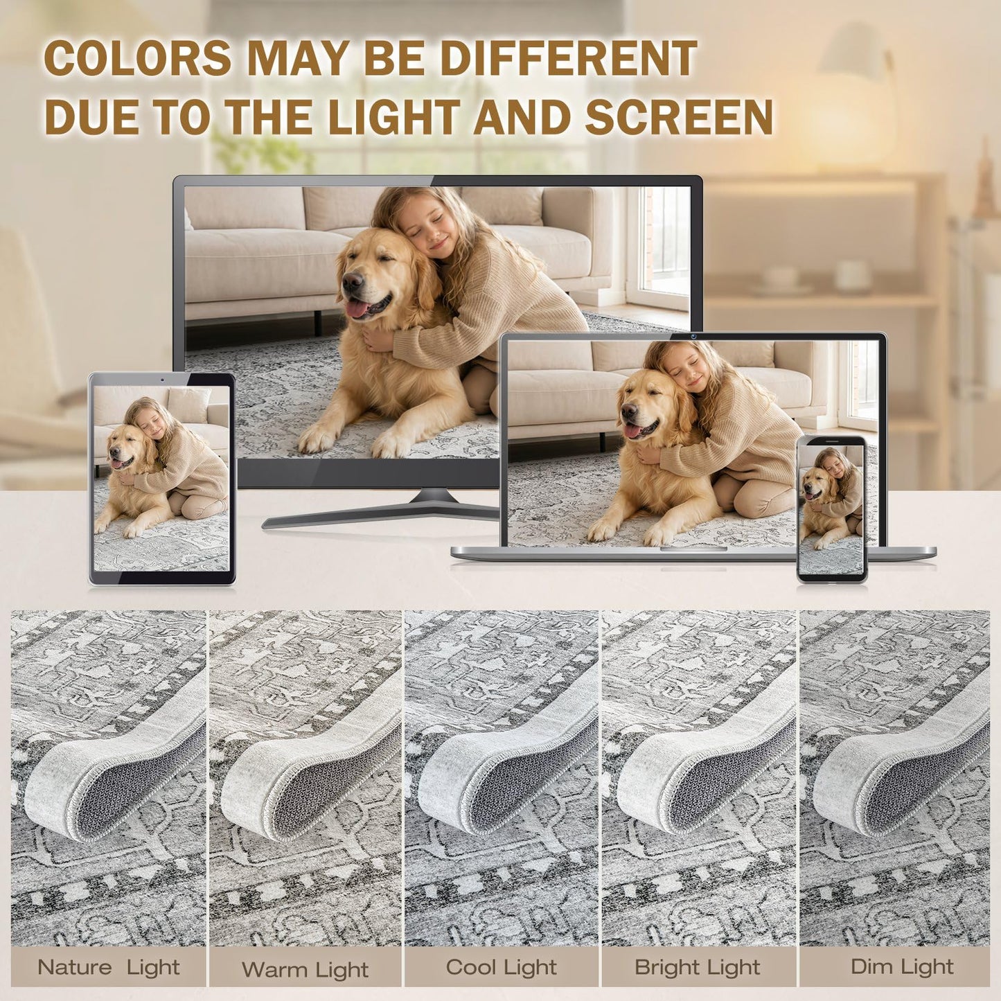 cotiled 4x6 Area Rug Machine Washable Vintage Carpet for Living Room Bedroom Soft Non-Slip Backing Floor Mat Kid & Pet Friendly Stain Resistant Grey