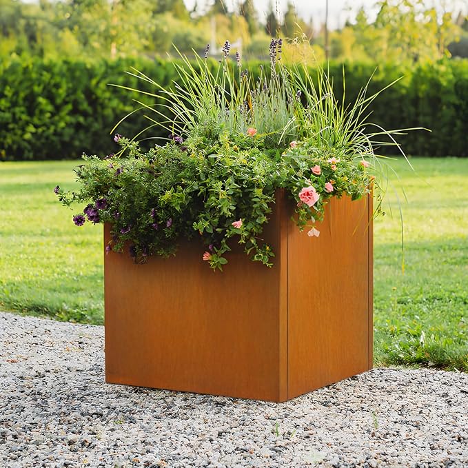 Corten Steel Planter Box 25"x24"x24", Metal Planter Spliced Flower Pot with Partitions, Outdoor & Indoor Large Rectangular Planter Box for Porch, Patio, Garden, Commercial Décor
