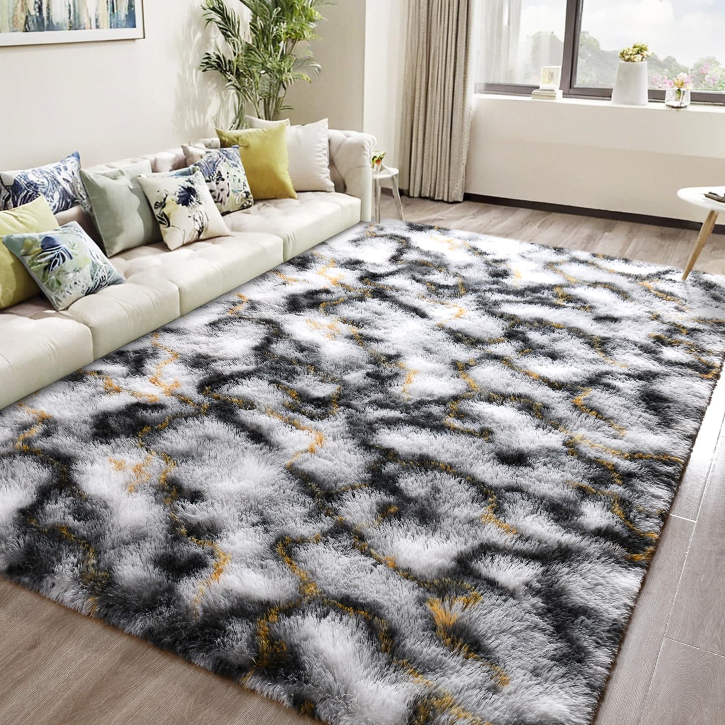 DweIke Fluffy Black White Gold Rugs for Bedroom Living Room, 4x6 Feet Soft Plush Shaggy Tie-Dyed Girls Boys Kids Rug, Upgraded Non-Slip and Machine Washable Carpet for Dorm Nursery Classroom Decor