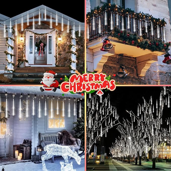 KNONEW Christmas Lights Outdoor, 15 inch 24 Tubes 672 LED Meteor Shower Lights Plug in Waterproof Falling Rain Light for Xmas Tree Wedding Party Garden Holiday Rooftop Decorations (Cool White)
