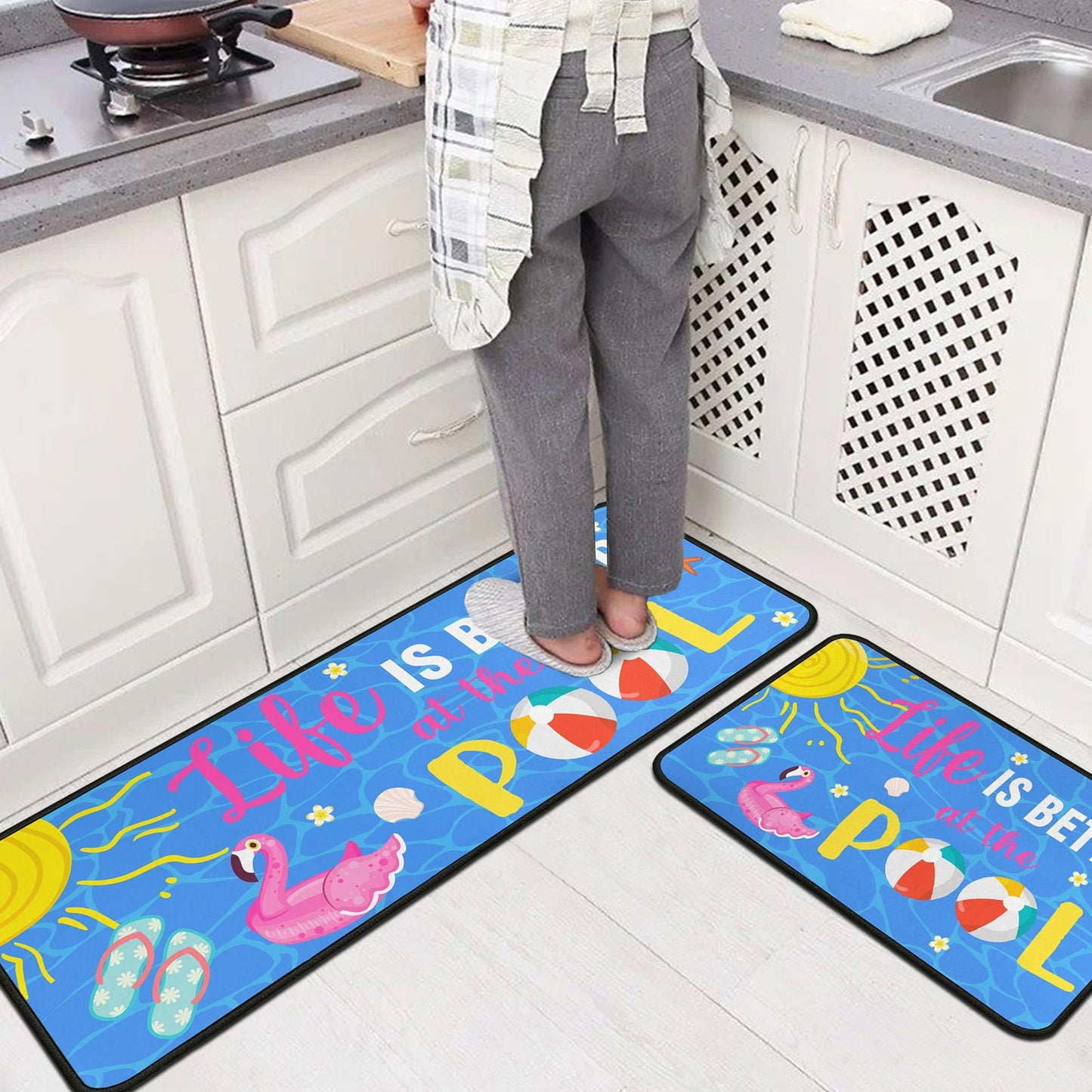 flippana Summer Kitchen Rugs and Mats for Floor, Summer Decorations for Home, 2 Pcs Non-Slip Backing Life is Better at The Pool Mat Rug Sets with Runner 17"x47.2"+17"x30"