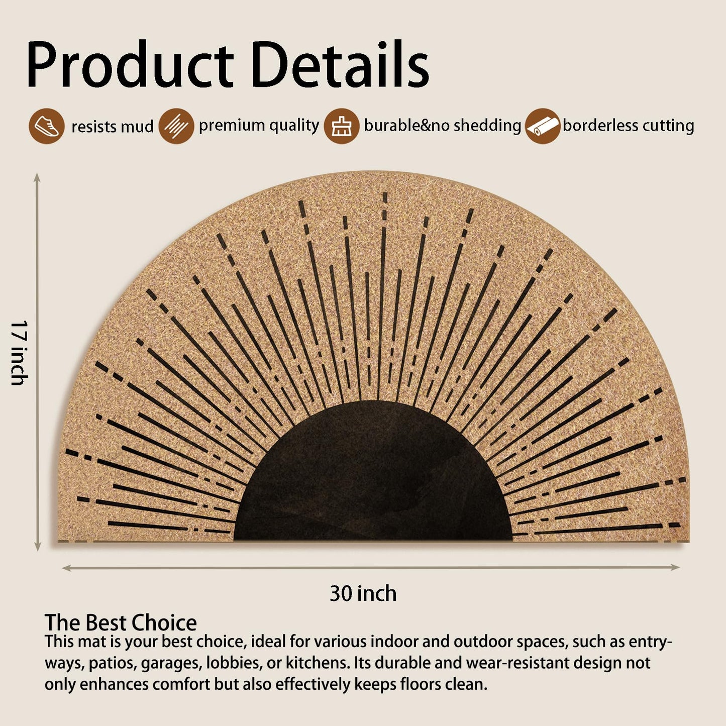 Mingnei Boho Sun Coco Coir Half Circle Door Mat for Home House Entrance, Abstract Minimalist Black Boho Sunshine Sunset Sunrise Floor Mats for Outdoor Outside Entryway 30x17 Welcome Mat