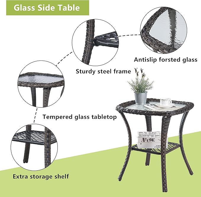 Rilyson Wicker Rocking Chair Swivel Chairs - 3 Piece Rocker Patio Furniture Set Rattan Rocking Bistro Sets with Glass Top Side Table for Outdoor Porch Deck Garden Backyard (Mixed Grey/Grey/Smile)