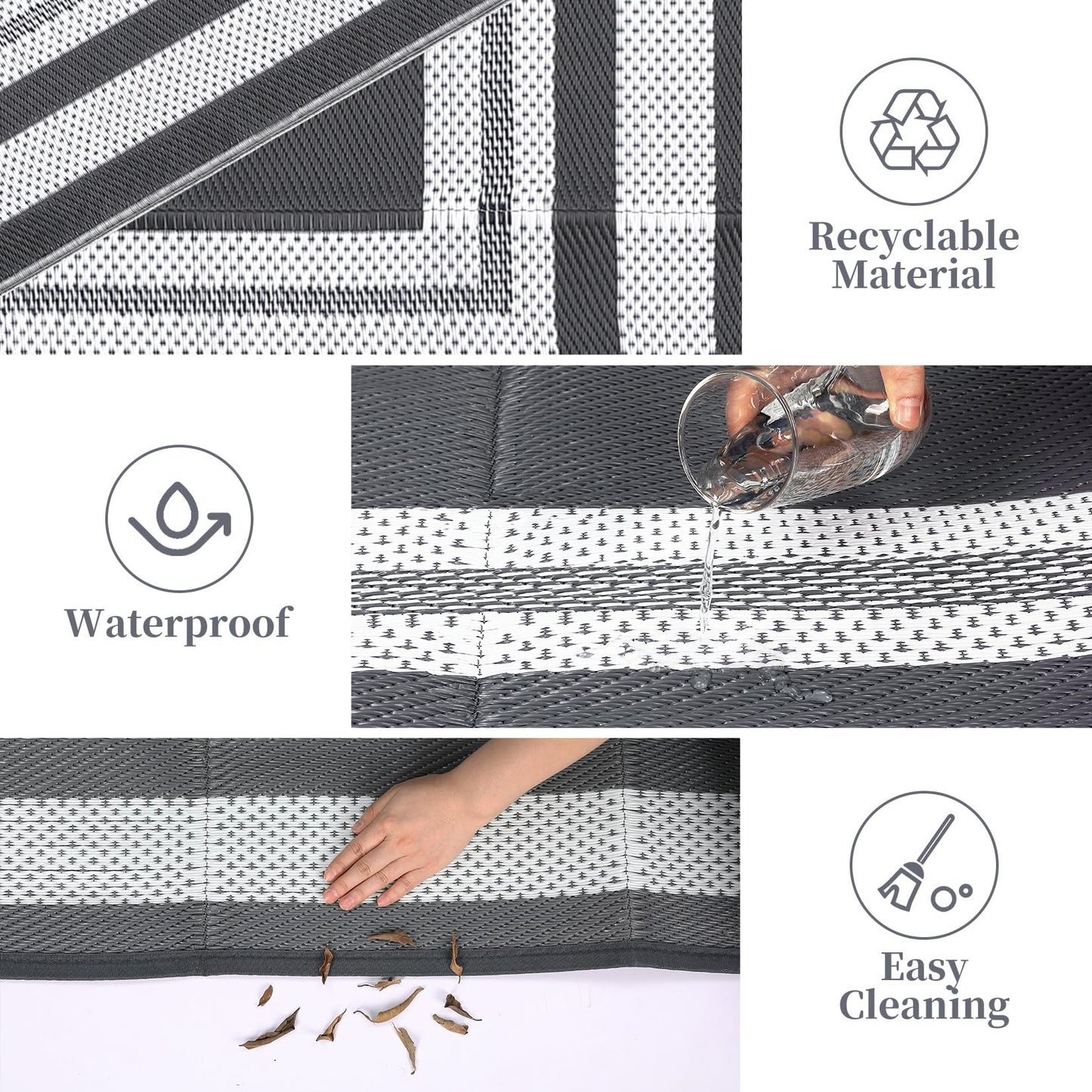 GAOMON Outdoor Rug for Patio 9x18 Plastic Straw Rug Waterproof Reversible Mat Modern Bordered Patio Rug for Porch RV Backyard Pool Deck Picnic Beach Trailer Camping Border-Grey/White