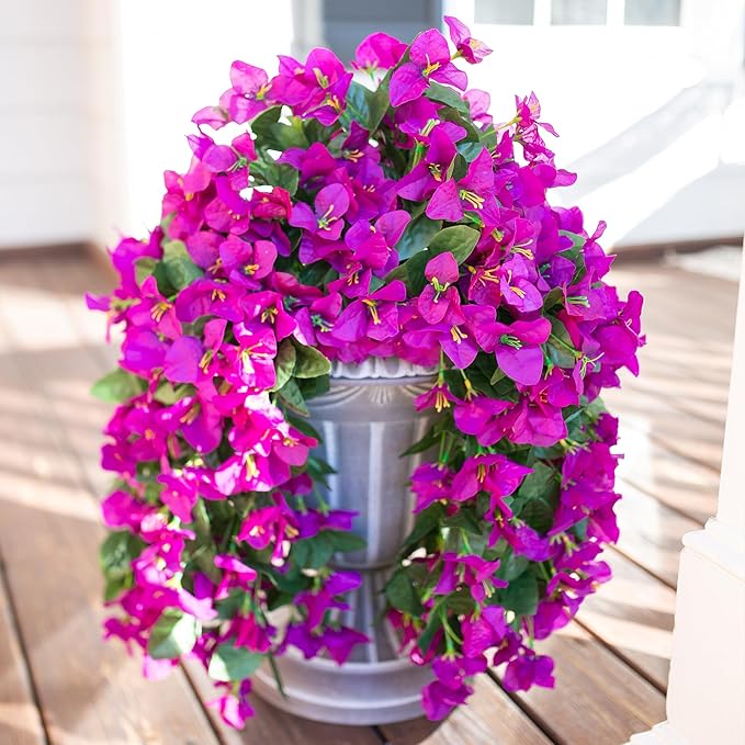 HyeFlora Bougainvillea Artificial Hanging Flowers Plants for Outdoors Decoration, 2pcs Fake Flowers Silk Bougainvillea Vines Realistic UV Resistant Faux Flowers for Outdoor Planters Patio Urn, Purple