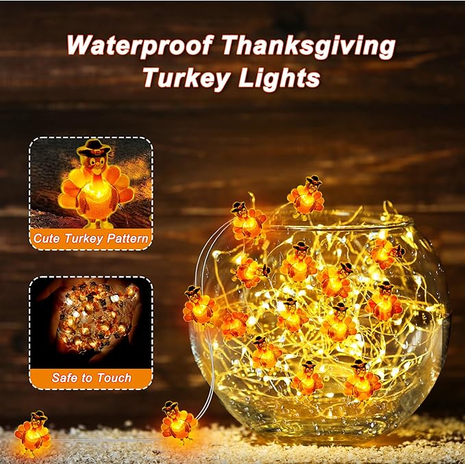 10 Ft 30 LED Thanksgiving Decorations Turkey String Lights, Thanksgiving Lights Decorations Battery Operated Turkey Lights Copper Wire Fairy String Lights for Party Home Indoor Decor
