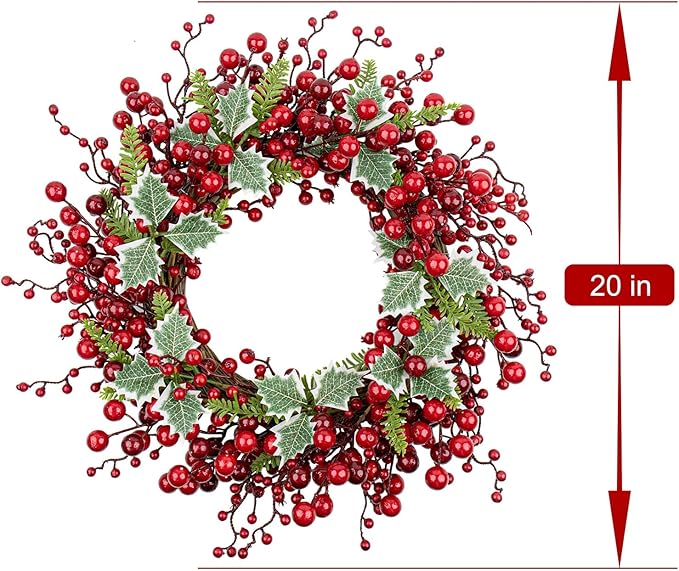 JINGHONG Artificial Christmas Wreath 20 Inch Christmas Wreaths for Front Door Red Berry Wreath with Holly Berries Leaves Pine Needles for Indoor Outdoor Xmas Winter Holidays