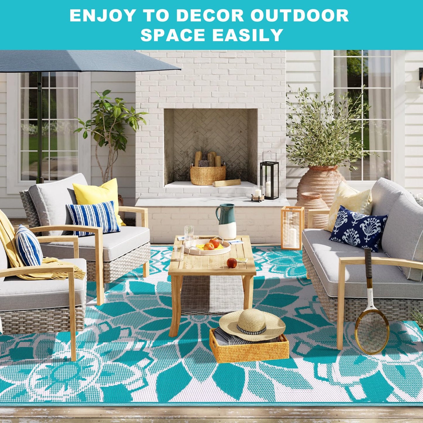 LOKHOM Outdoor Rug for Patio 8x10 ft Reversible Plastic Straw Patio Camping Rug, Floral Waterproof RV Mat for Camper Indoor Outdoor Carpet for Deck Porch Picnic Beach Balcony Backyard, Teal & White