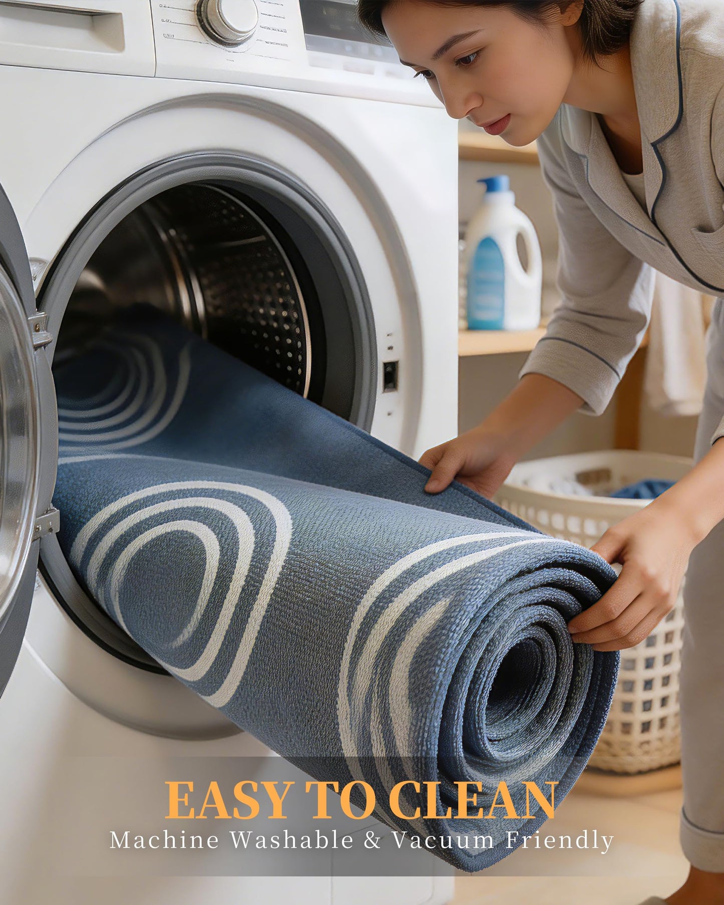 Washable Kitchen Rug Set of 2 Non Slip Runner Rug and Mat Blue Circle