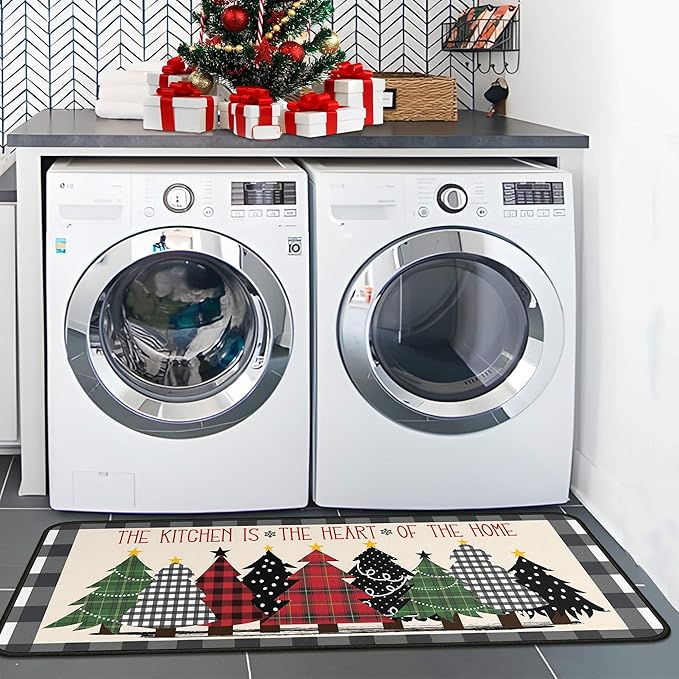 Buffalo Plaid Xmas Trees Merry Christmas Kitchen Rugs Set of 2, Christmas Indoor Floor Mats for Winter, Xmas Door Mat Runner Rug for Kitchen Home Decor 17"x47"+17"x30"
