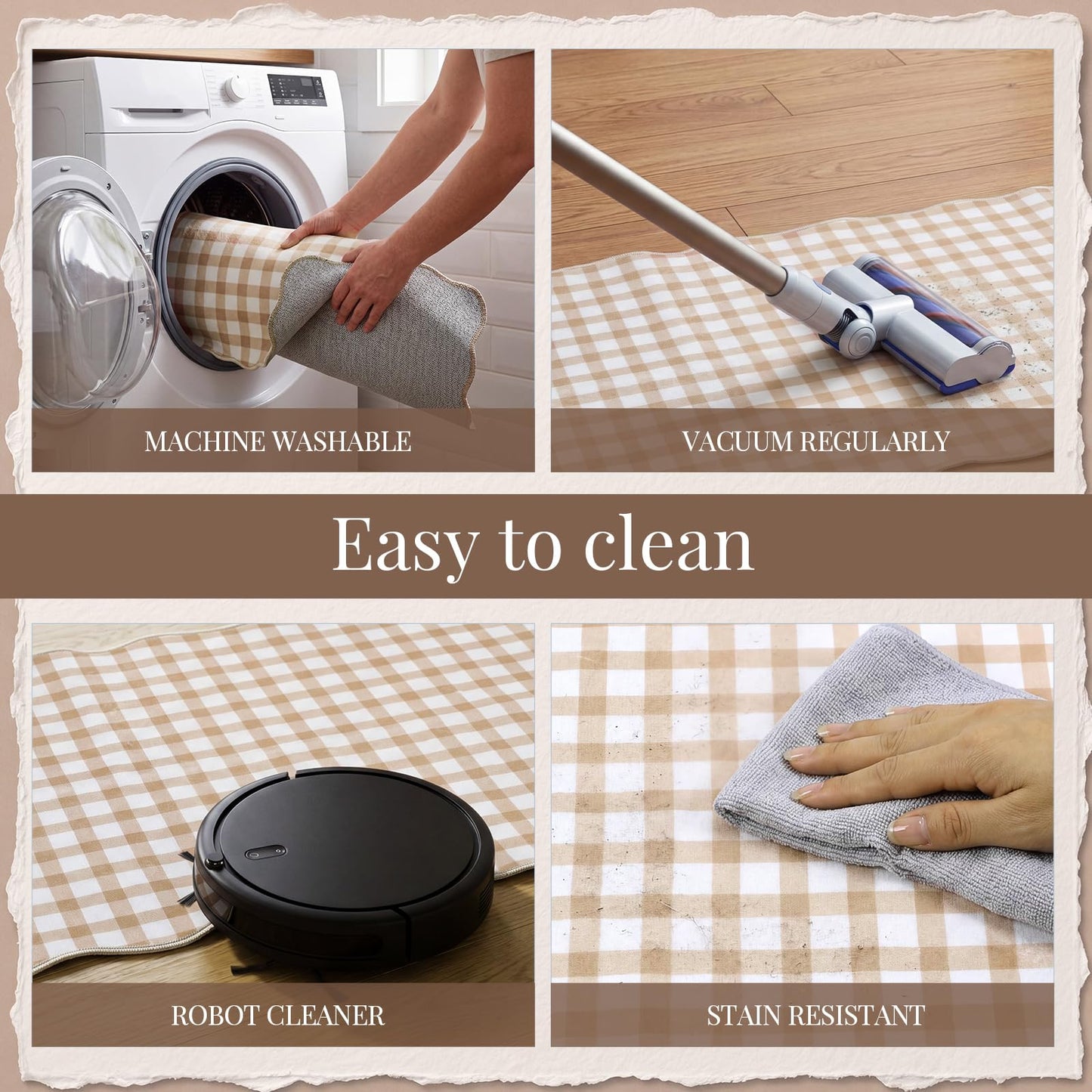 2 x 6 ft Scalloped Gingham Runner Rug - Hallway Washable Runner Rug Non Slip Khaki Gingham Long Laundry Runners with Rubber Backing Low-Pile Stain-Resistant Indoor Carpet, Soft for Entryway Bathroom