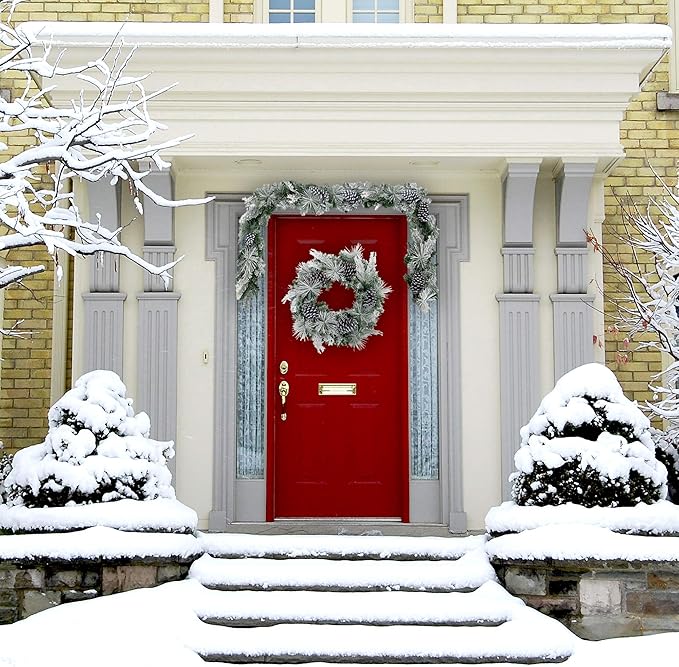 Fraser Hill Farm 24" Wreath and 6-Ft. Garland Set, Snow Flocked with Pinecones, FFCH002SET-0SN