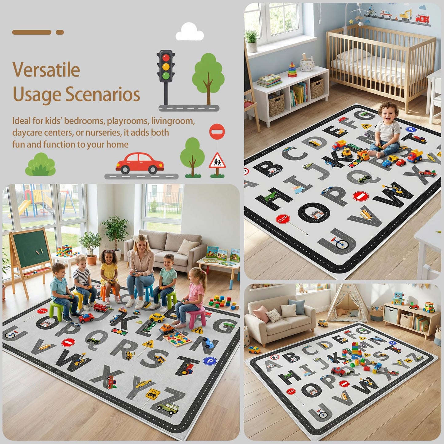 5x7 Ft ABC Alphabet Educational Area Rug for Children Toddler Girls Boys Leaning, Car Rug Play Mat for Kids Room, Playroom, Classroom, Nursery, Daycare, Non-Slip & Thick Faux Wool Kids Carpet-Washable