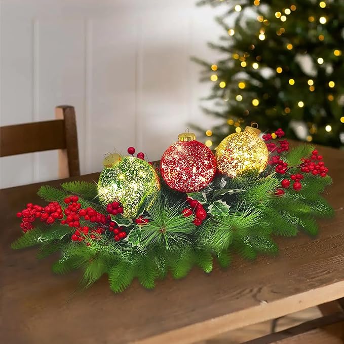 Christmas Centerpiece Table Decorations, Includes 3 LED Baubles Artificial Red Berries and Pine Cones Xmas Candelabrum for Dinning Room, Table, Fireplace, Mantel Decoration