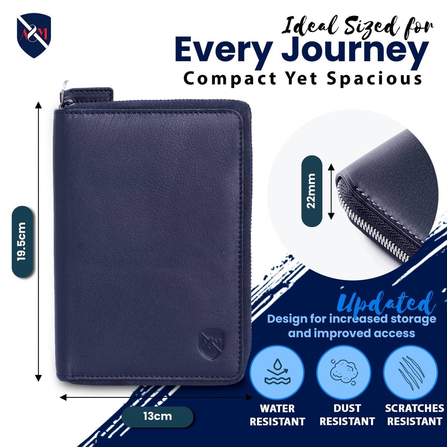ALLEN & MATE 100% Leather Passport Holder for Travel RFID Blocking Passport Wallet for Men & Women - Zippered Compact Travel Document Organizer Fits Cash, Cards, SIM, ID and Tickets