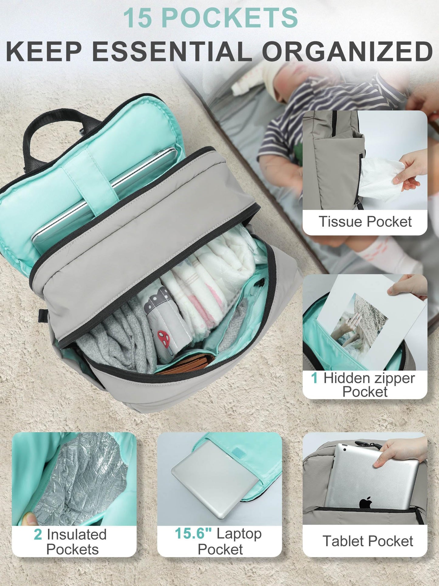 MOMINSIDE Diaper Bag Backpack - Large Puffer Diaper Bag - Neoprene Diaper Bag Quilted Baby Bag, Large Changing Pad, 15 Pockets, Lightweight, Grey