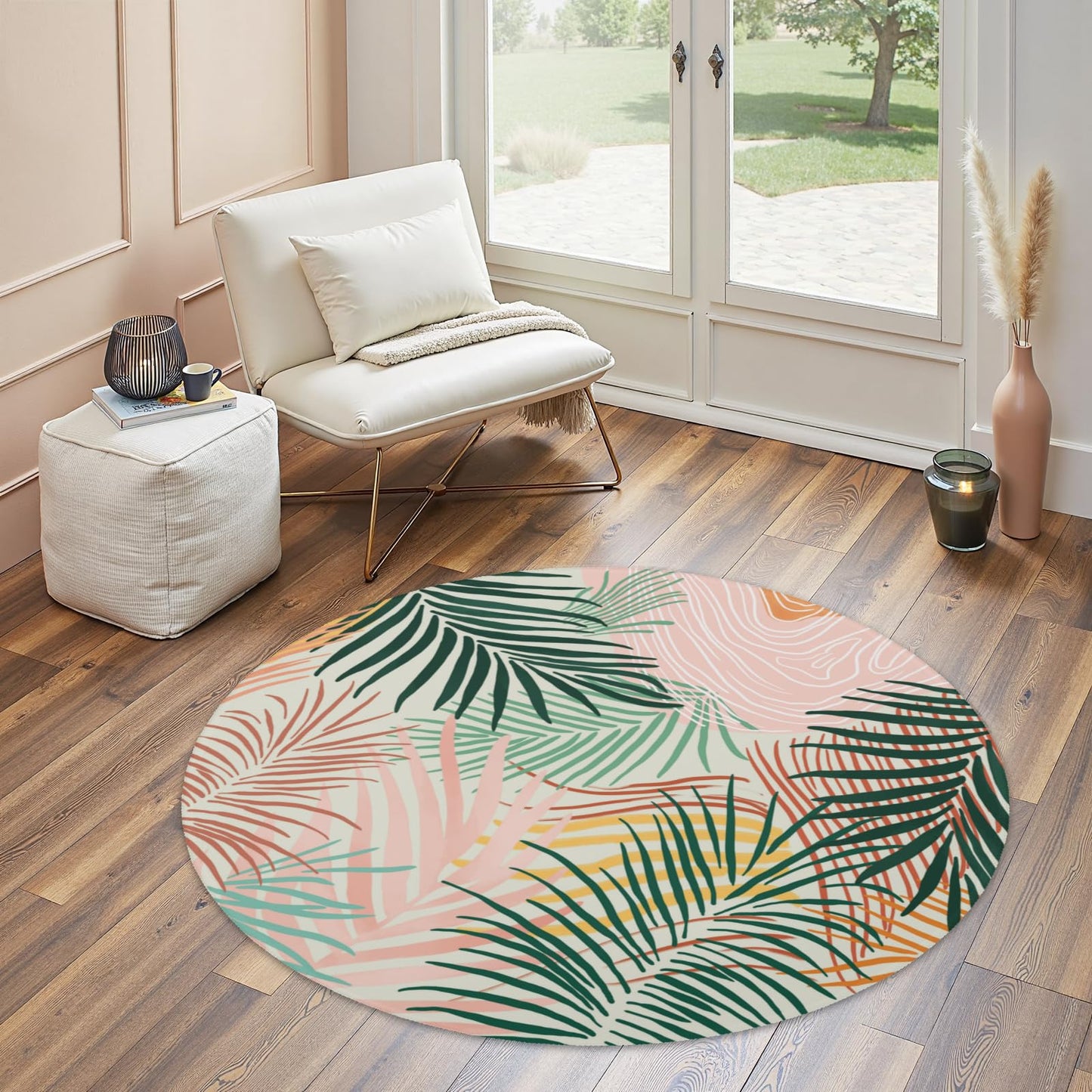 Wualmondor Modern Art Leaves Round Rugs 4ft Abstract Palm Leaf Circle Area Rug Low Pile Washable Carpet Non Slip Rubber Backing Rug Doormat for Living Room Bedroom Entryway Pink Green