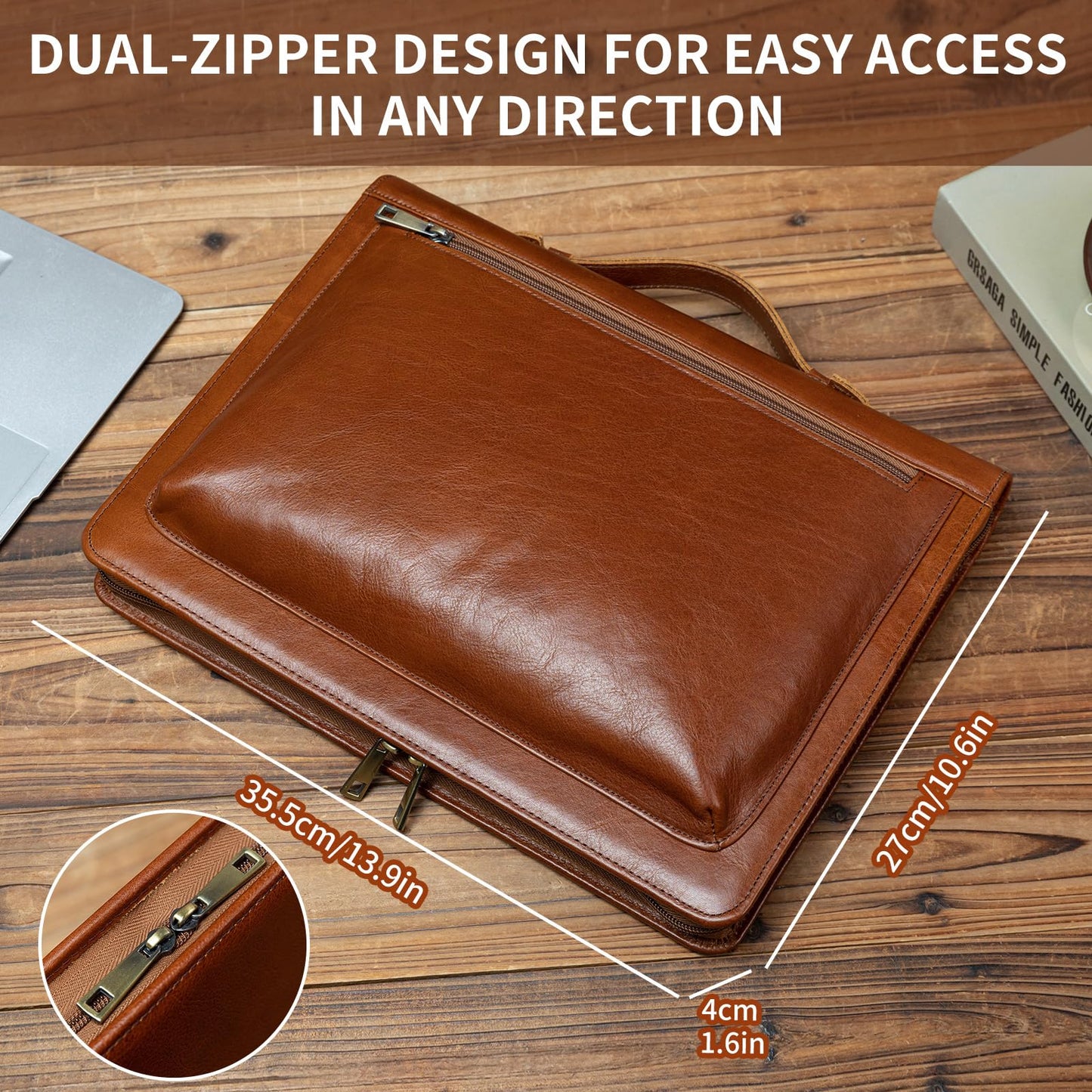 YIWEN Handmade Leather Portfolio with Handle – Zippered Front Pocket, Writing Pad Clip, Letter Size Notepad Holder, Professional Business Padfolio for Men Women (Brown, Pull-up Leather)