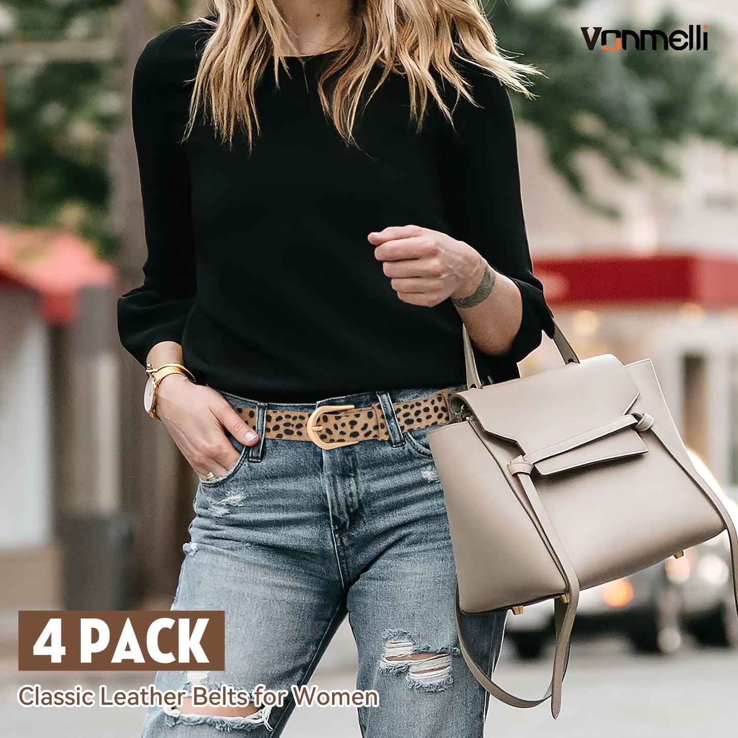 VONMELLI 4 Pack Womens Thin Leather Belt Skinny Waist Belts for Women Fashion Jeans Dress with Gold Buckle, Black Brown Beige leopard, XXS