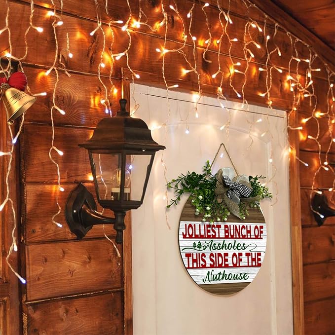 Christmas Door Sign Jolliest Bunch of A-holes Door Sign Wooden This Side of The Nuthouse Front Door Hanger Sign Holiday Welcome Door Decoration Winter Wreath Home Decor 12 inch