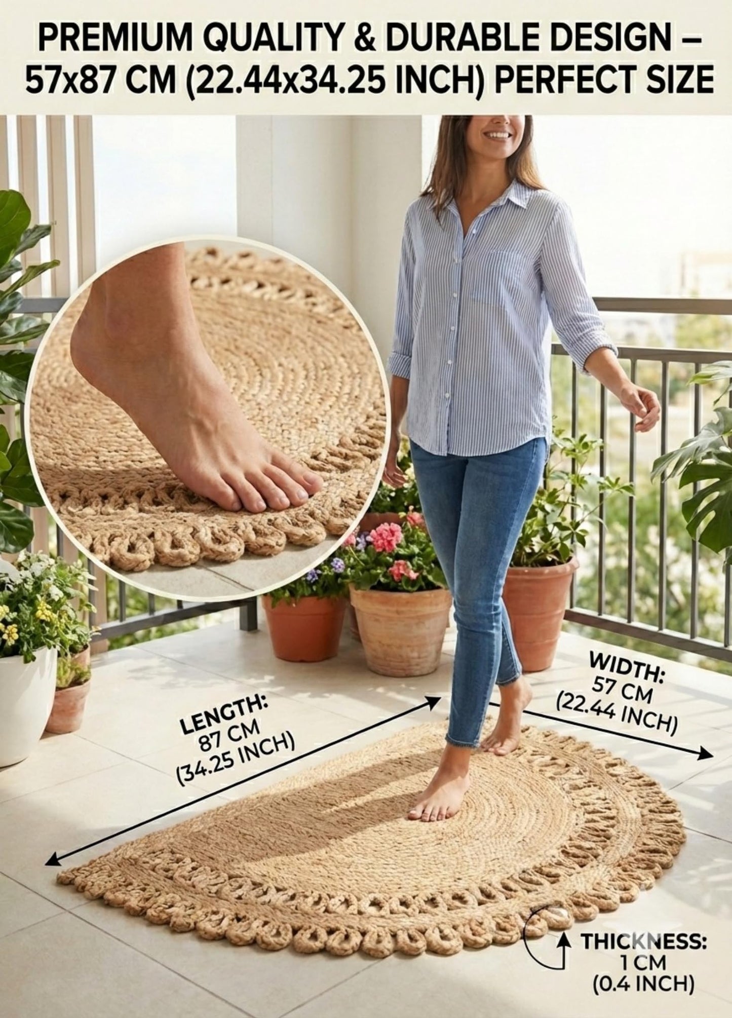Jute Semi Circle Doormat – Half Moon Braided Front Door Mat, Non Shedding & Washable, Non Slip Backing, Waterproof Indoor Outdoor Entryway Rug for Porch, RV, Camper & Boat