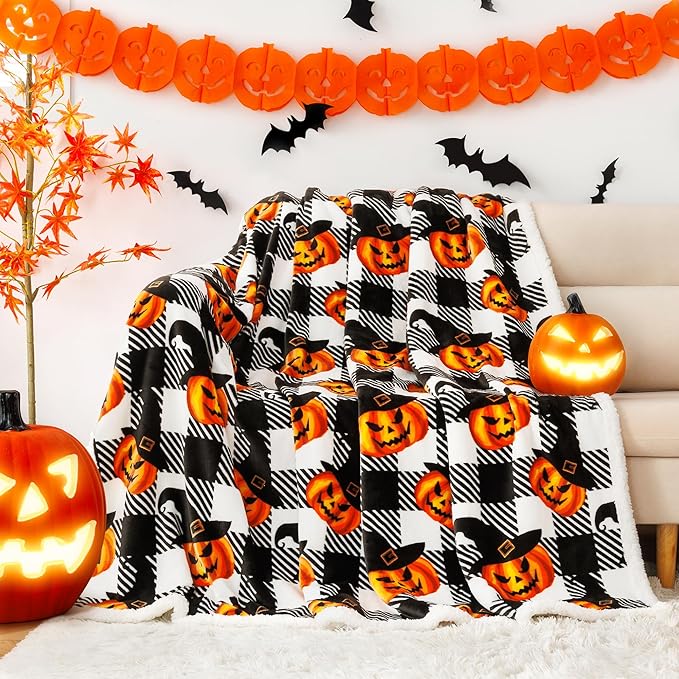 Touchat Halloween Blanket Twin Size 60" X 70",Pumpkin Sherpa Fall Fuzzy Fluffy Soft Cozy Blankets, Fleece Flannel Plush Microfiber Throw for Couch Bed Sofa, Halloween Decor (BlackHalloween)