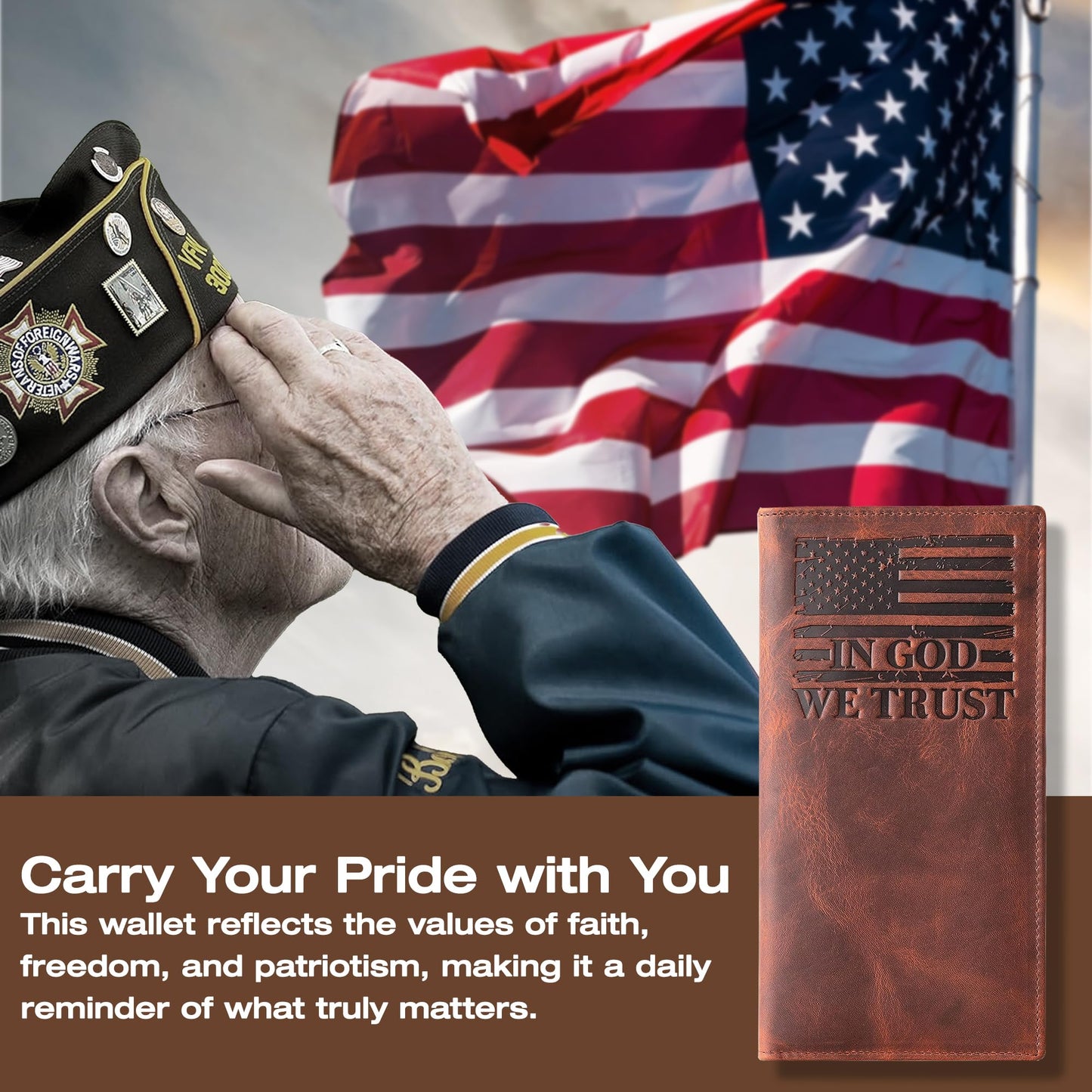 American Flag Long Wallet for Men - Western Wallets for Men with ‘IN GOD WE TRUST’ – Distressed Full Grain Leather – RFID Blocking Long Bifold Cowboy Wallet – Patriotic Father's Day (7 Inches)