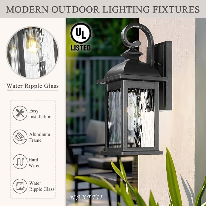 Exterior Lighting Fixtures 15 Inch Black Outdoor Wall Lights with Water Ripple Glass for Porch Front Door E26 Socket