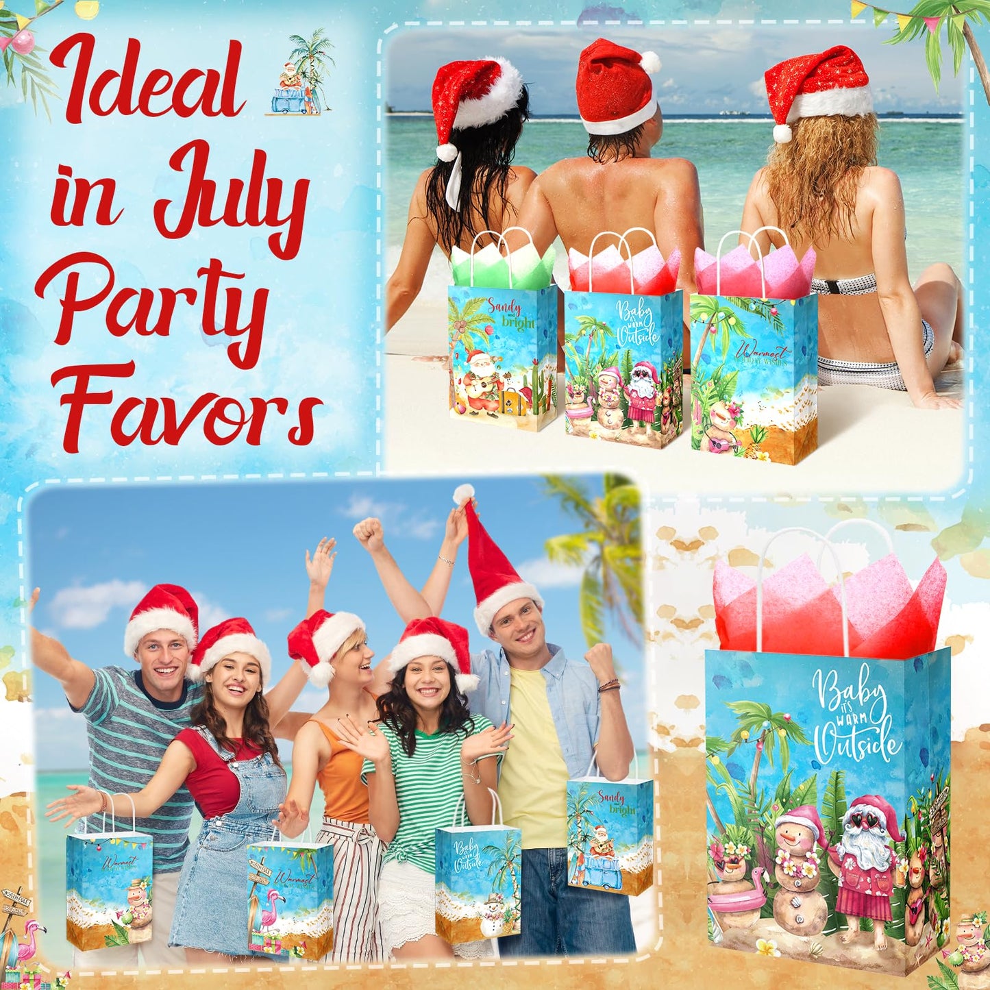 Sinload 36 Sets Summer Christmas Party Gift Bags with Tissue Paper Xmas in July Santa Tropical Goodie Bags with Handle Christmas Treat Tote Hawaiian Flamingo for Beach Pool Birthday Party Decoration
