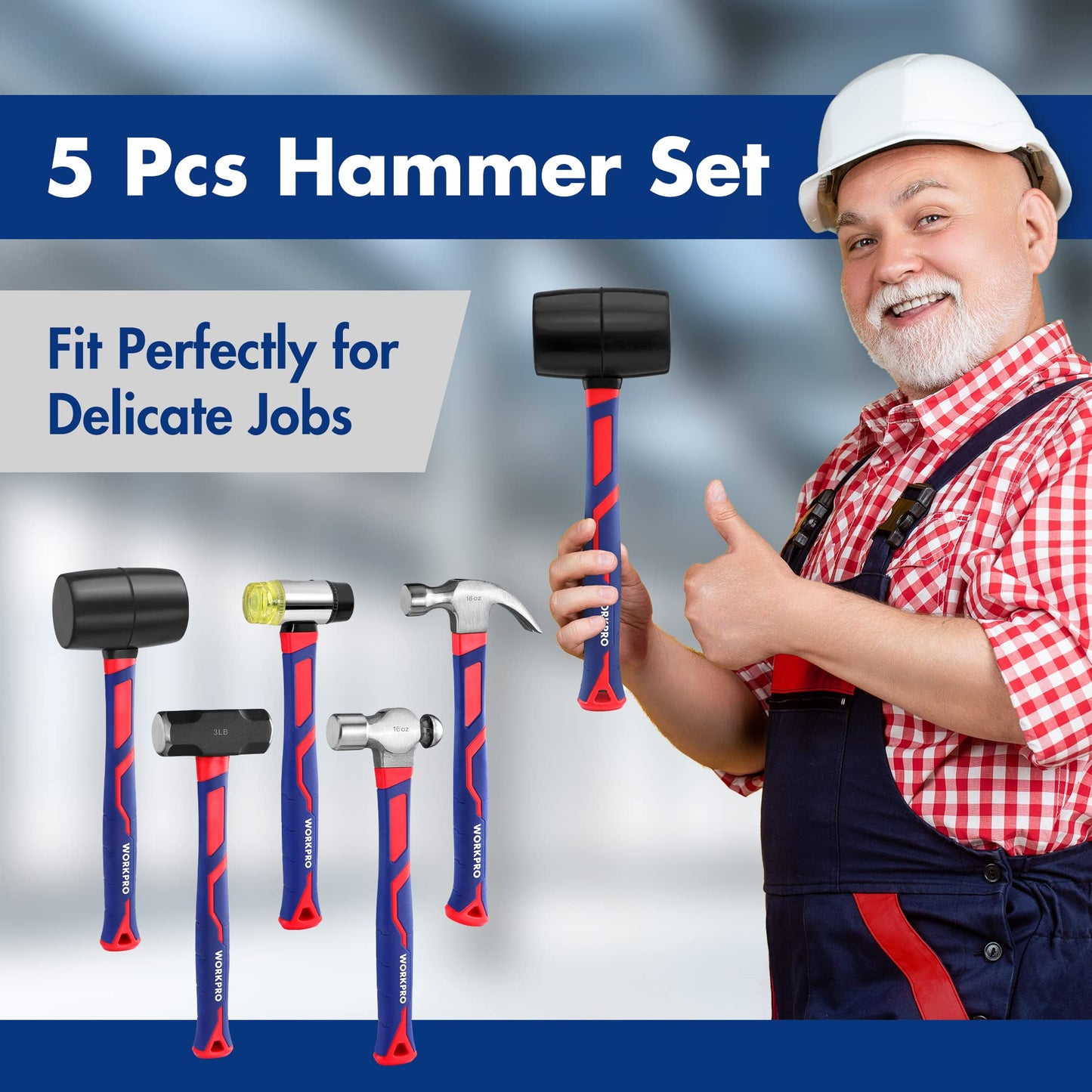WORKPRO 5-Piece forge/Polish Steel Head, Fiberglass Handle Set - 32oz Rubber Mallet | 16oz Claw & Ball-Peen Hammers | 3lb Sledge | 22oz Double-Faced Mallet