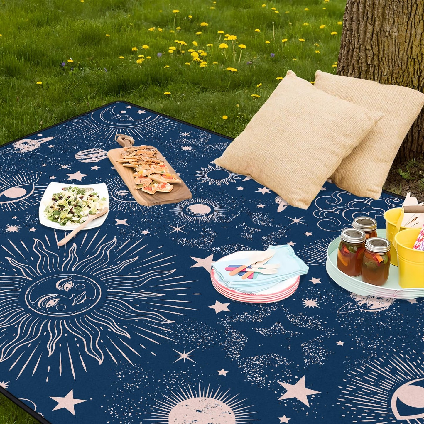 awufncksn Gothic Picnic Blankets Waterproof Foldable,60″X80″Thick Picnic Mat Blue Outdoor Blanket for Grass, Sun and Moon Beach Blanket Sandproof Picnic Accessories for Camping Party Travel Park Lawn
