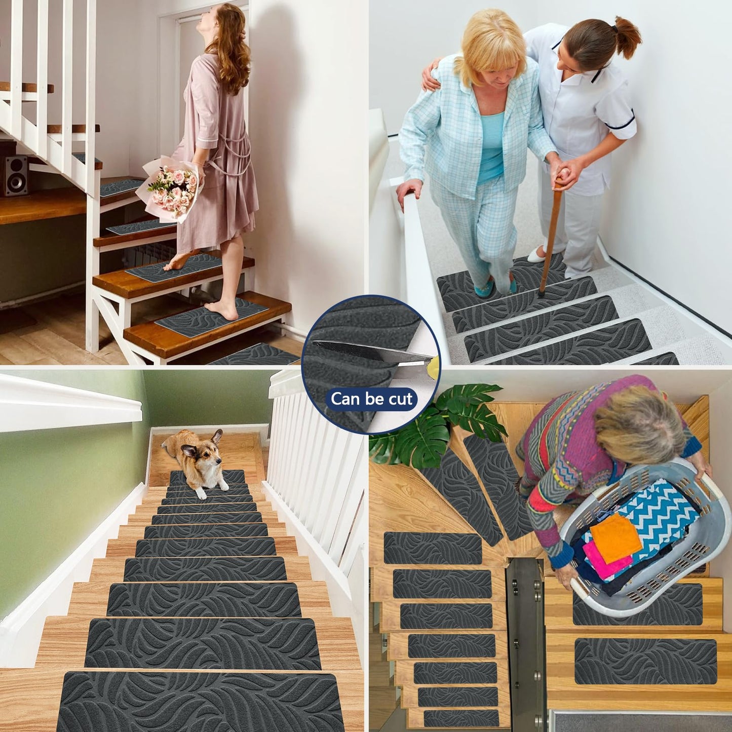 JAYFAN Non-Slip Stair Treads Mat Carpet for Wooden Steps(7/15 Pack), 21.6 x 7.4IN Self-Adhesive, Safety Indoor Stair Runner Mats, Anti Slip Stair Treads for Kids Elders and Dogs Pets