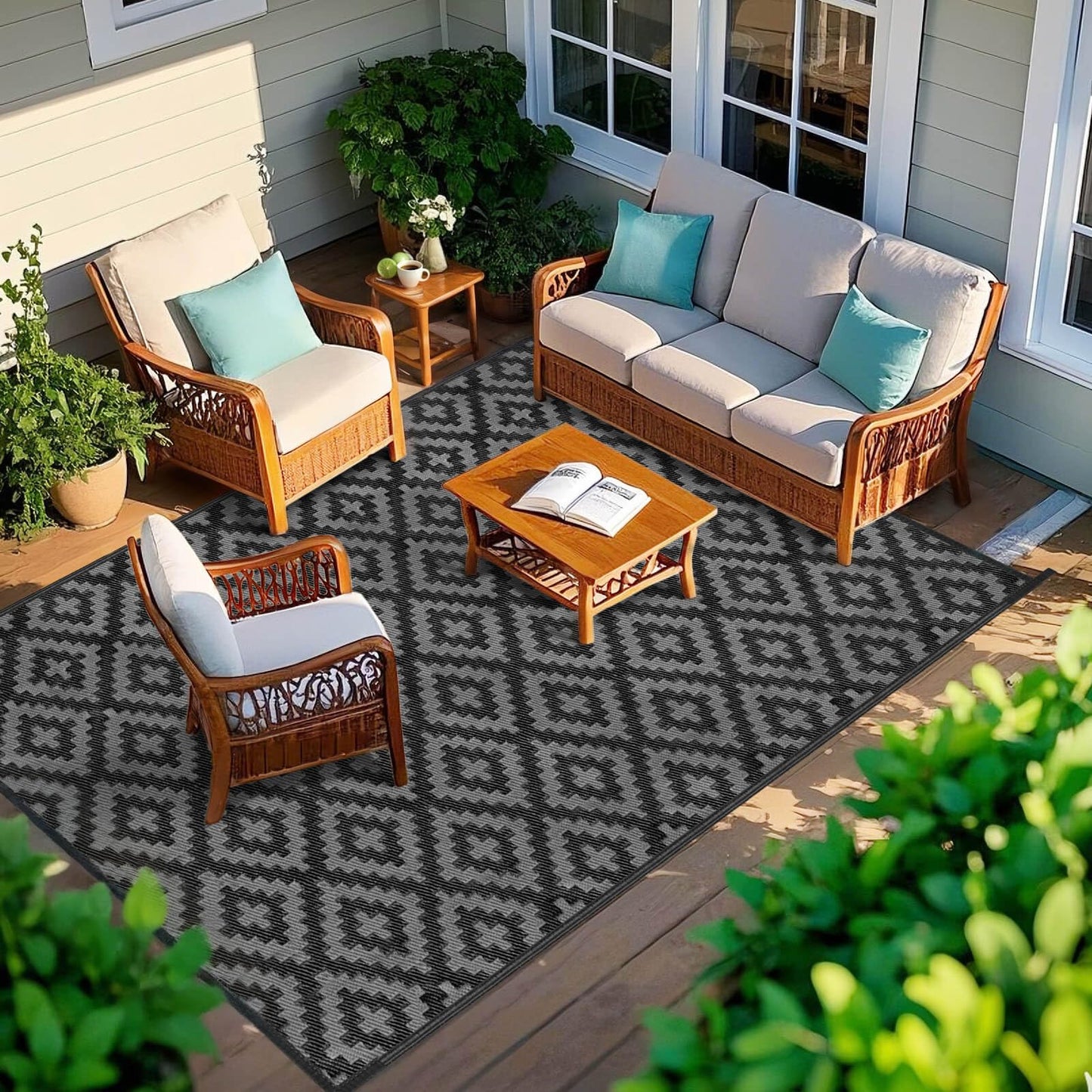 Outdoor Patio Plastic Straw Rug - 5x8 ft Outdoor Camping Rug Waterproof Reversible, Area Carpet Patios Clearance RV, Outside Porch Balcony Deck for Camper, Black & Grey