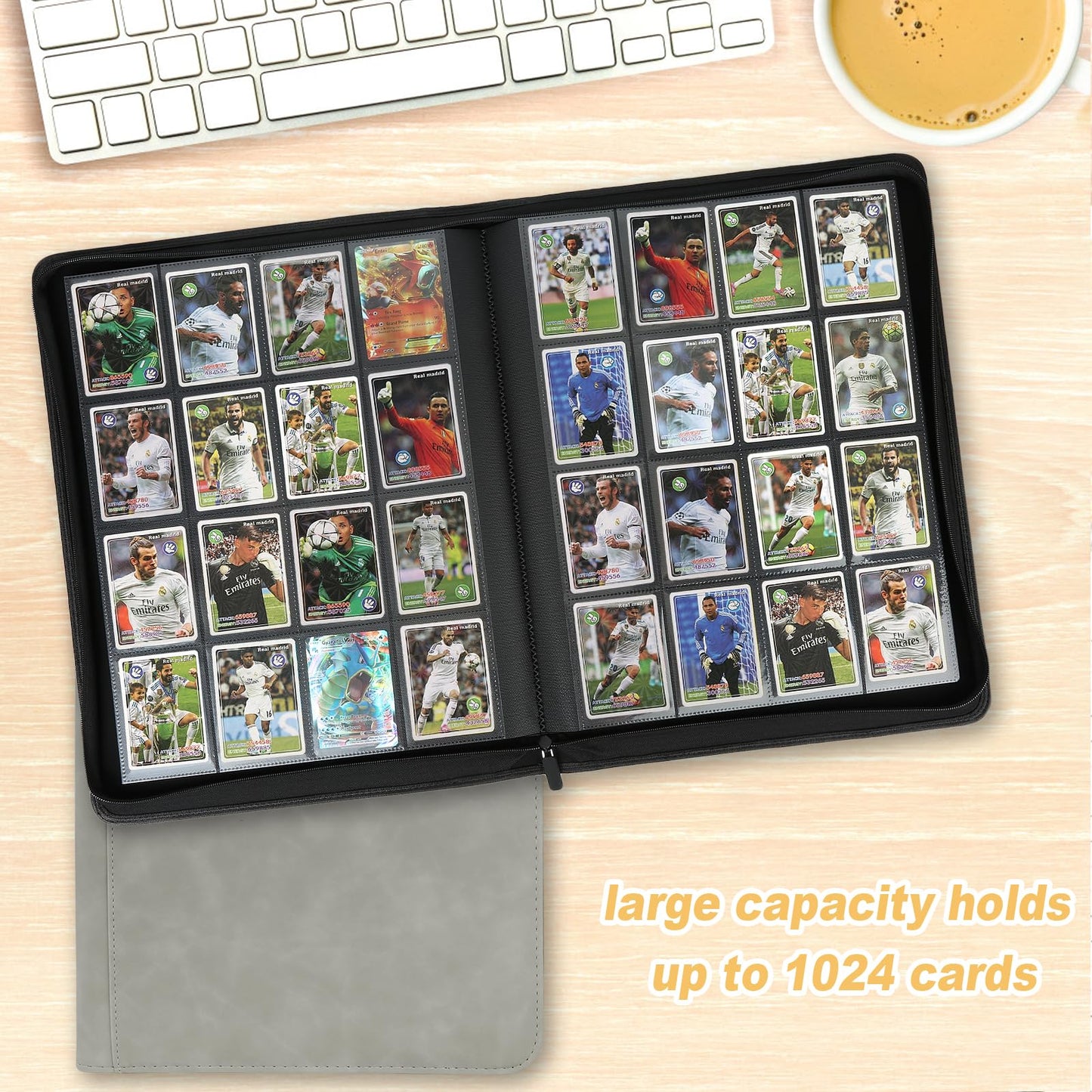 16 Pocket Ringless Side Loading Trading Card Binder, 1024 Cards PU Fixed Page Zipper Card Album for TCG Sports Game Cards, Not Fit Top Loaders (Marble Grey)
