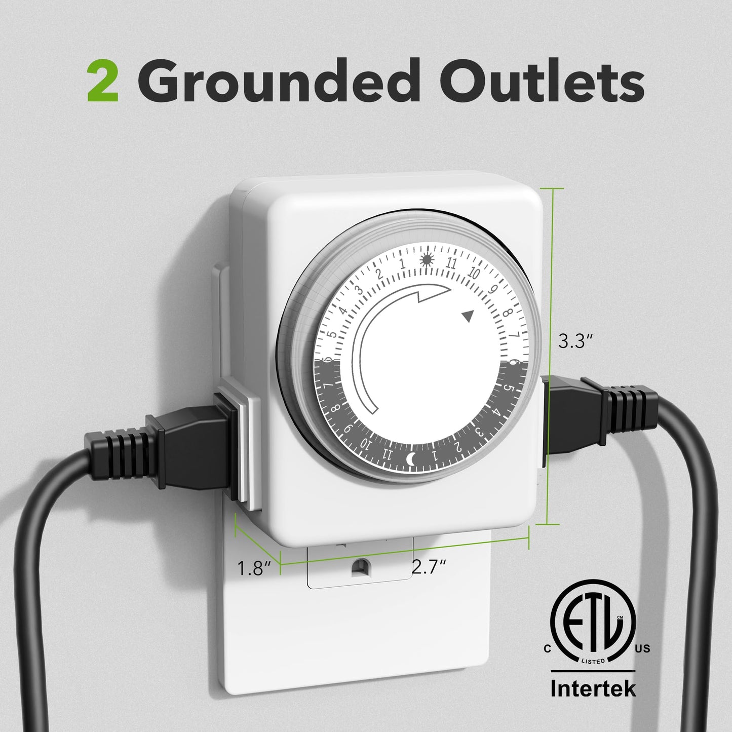 HBN Outlet Timer for Electrical Outlets Indoor, 24 Hour Mechanical Light Timers for Lamps, Dual 2-Prong Plug-in Outlets, 15-Minute Intervals, Heavy Duty Daily Cycle, 2 Pack