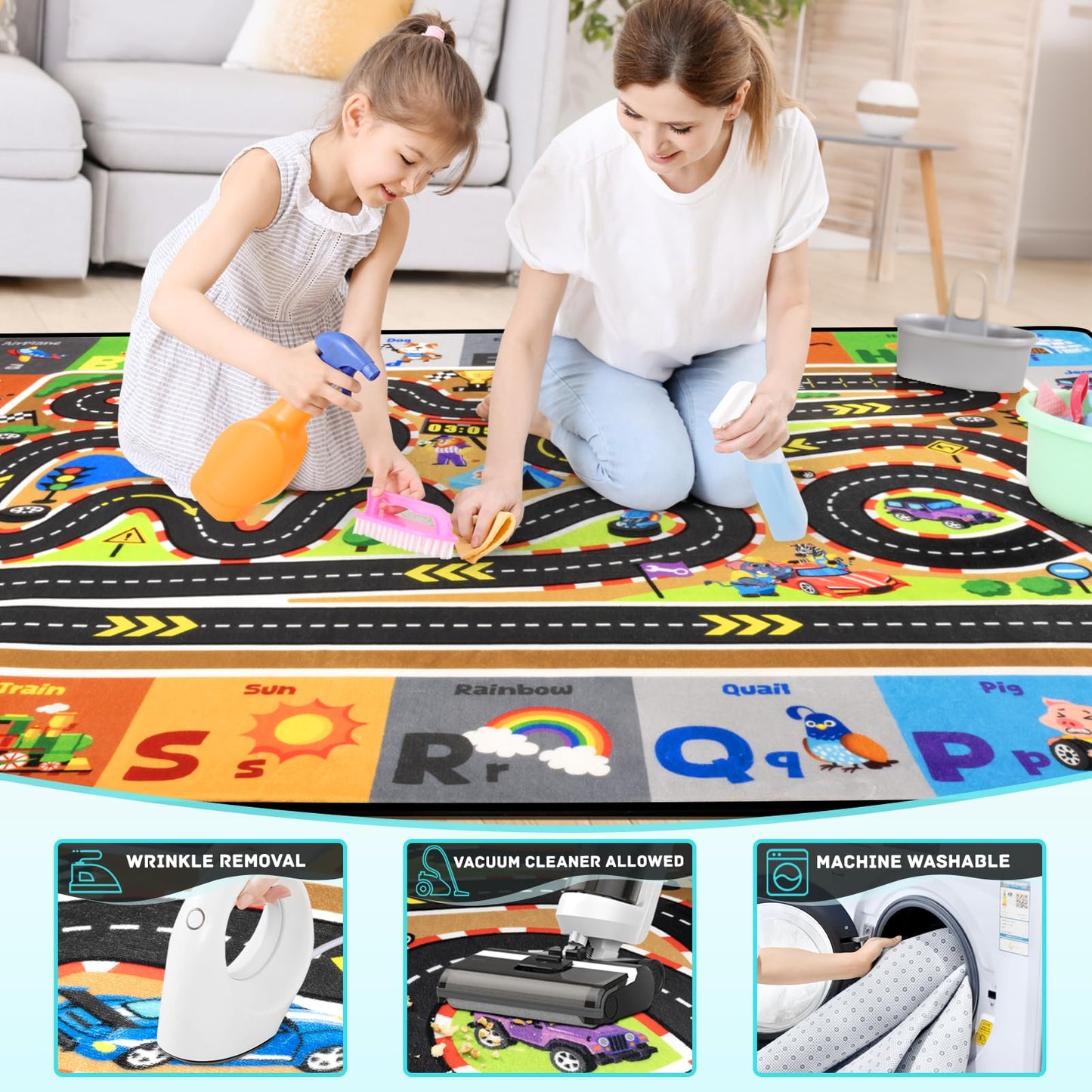 Diysani Race Track Rug, Car Road Rug for Kids, Non-Slip Kids Playroom Carpet, Washable Educational Carpt for Learning Alphabet, Animals, 6x9 feet