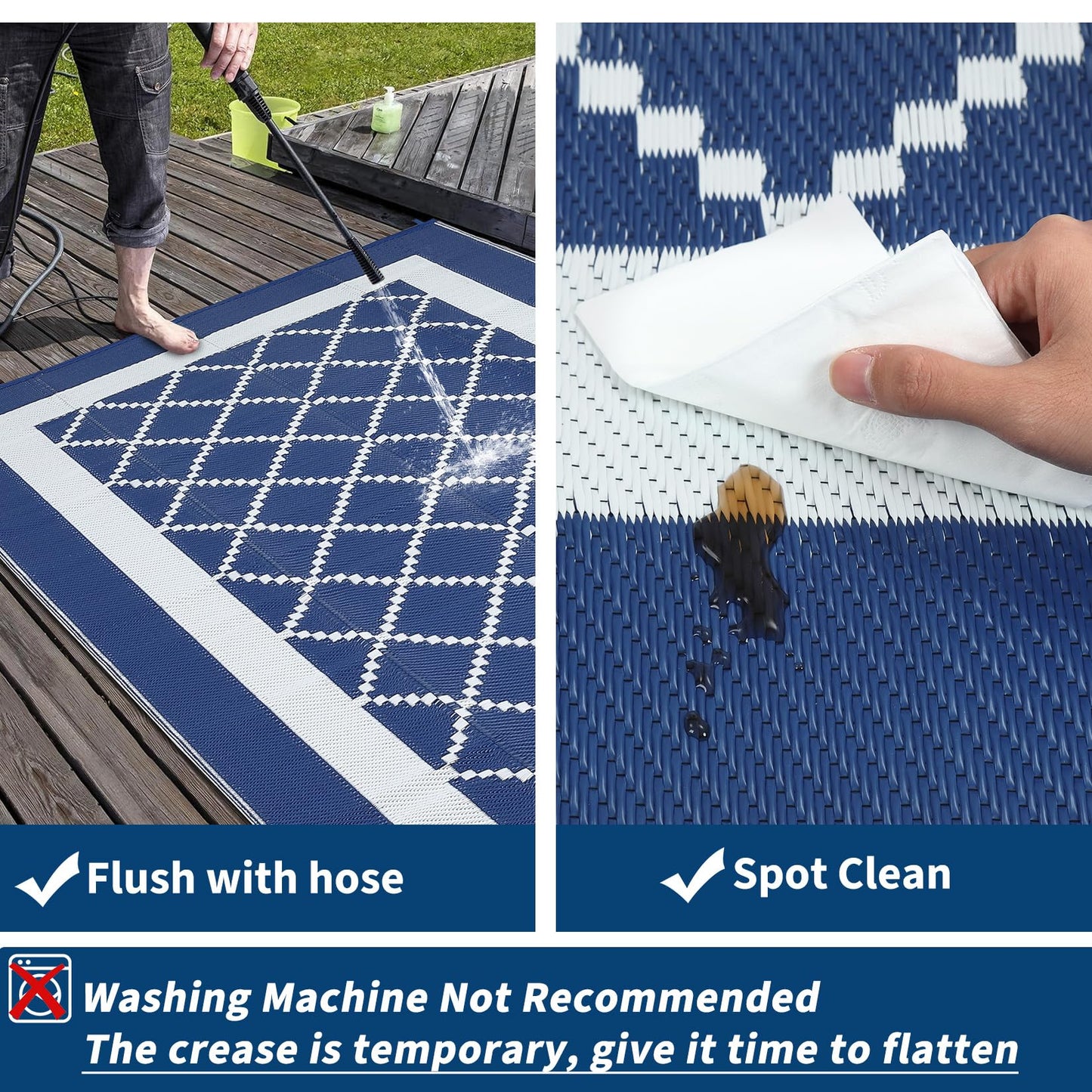 GAOMON Outdoor Rug 8x10 Patio Waterproof Reversible Plastic Straw Rug, Large UV-Resistant Portable RV Camping Mats with 4 Stakes & Carry Bag Boho Geometric Carpet for Outside Deck Porch Garden, Navy