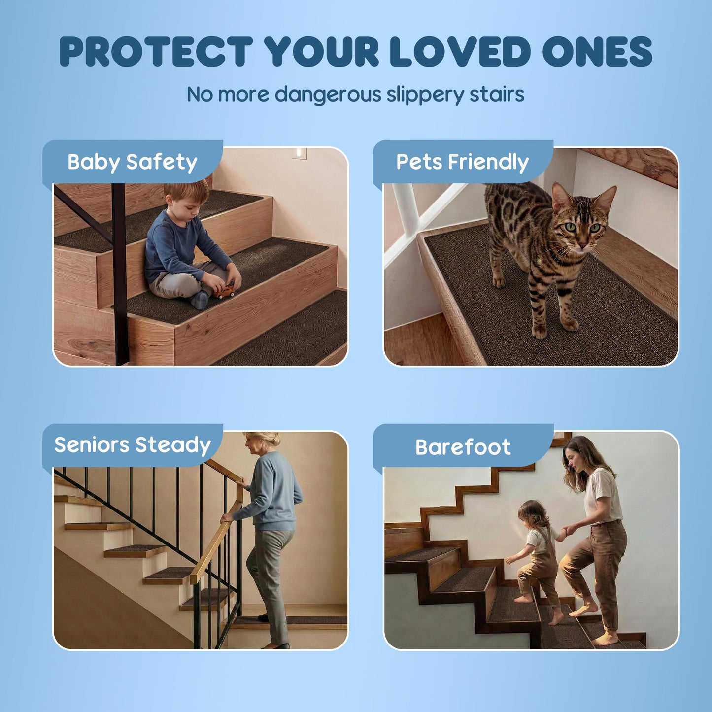 Peel and Stick Self Adhesive Jute Carpet Stair Treads, 15 Pack Rubber Backed Basement Safety Stair Mats, Non Slip Stair Cover Step Pads for Stairs, Deep Brown
