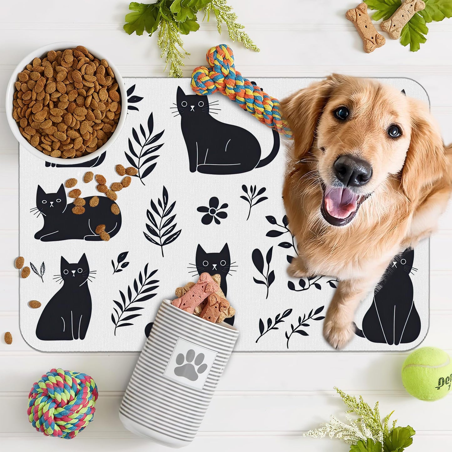 Cute Black Flower Dog Cat Food Mat,Absorbent Pet Feeding Mat with Rubber Backing,Non-Slip Water Bowl Placemat,Indoor Pet Accessories Supplies 12"x20"