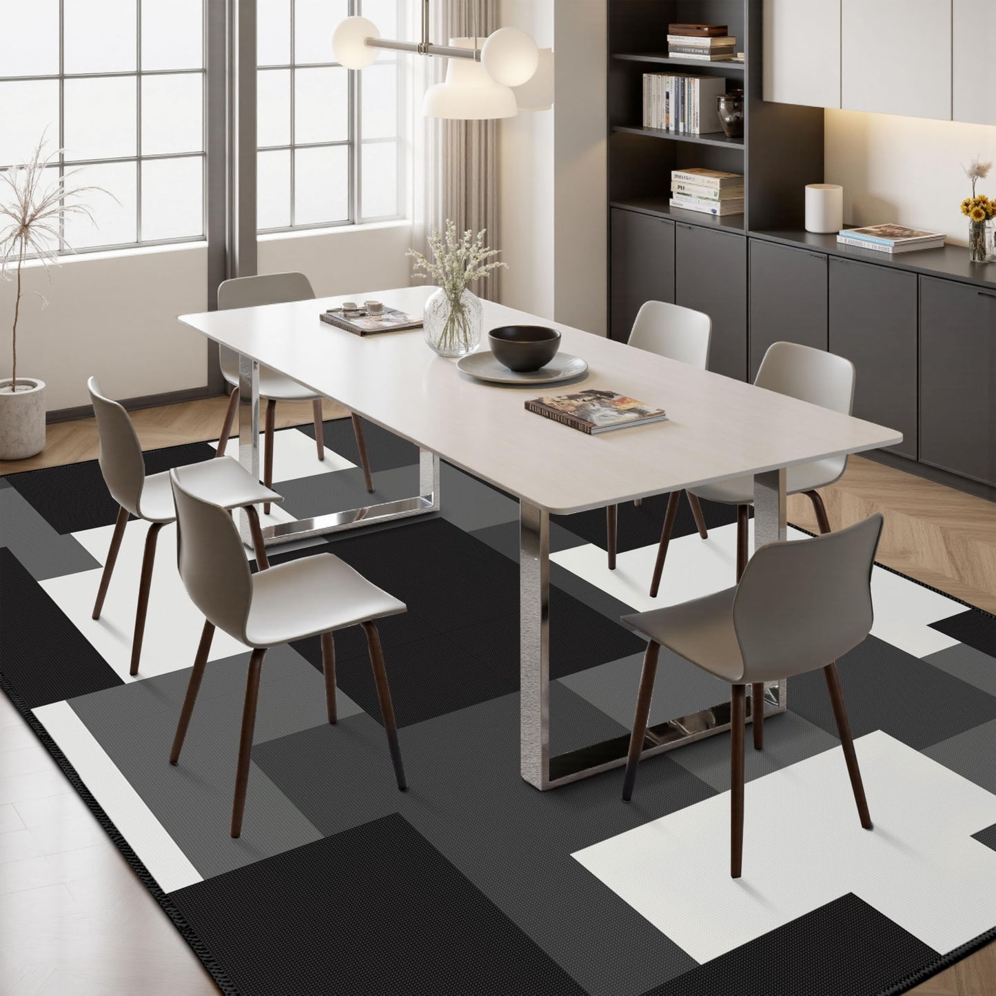 Tyrot Modern Geometric 5x7 Area Rugs Non Slip Mid Century Washable Rug Black and White Grey Abstract Ultra Thin Linen-Look Indoor Outdoor Rug for Living Room Bedroom Dining Room, Home Office