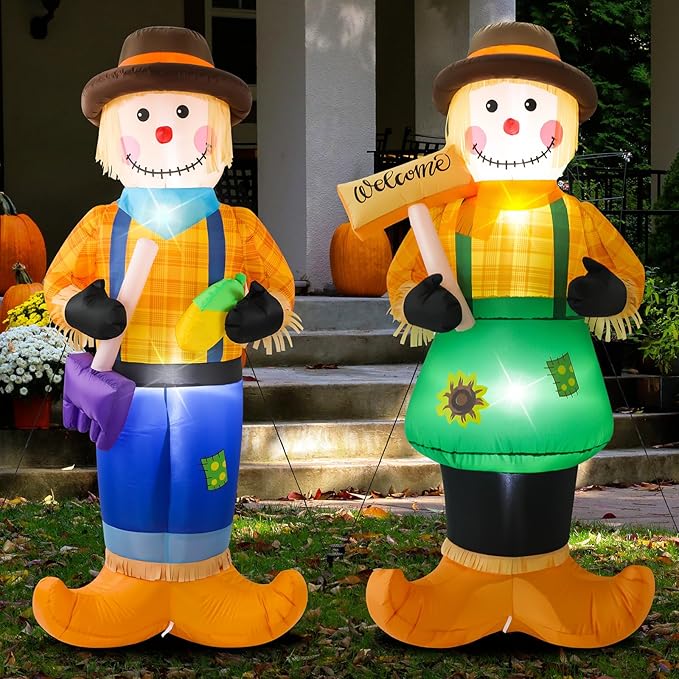Jenaai 2 Pcs 6 Feet Fall Thanksgiving Harvest Inflatable Scarecrow Fall Harvest Inflatable Patio Decoration Autumn Blow up LED Lights Scarecrow for Outside, Front Door, Garden, Yard, Lawn