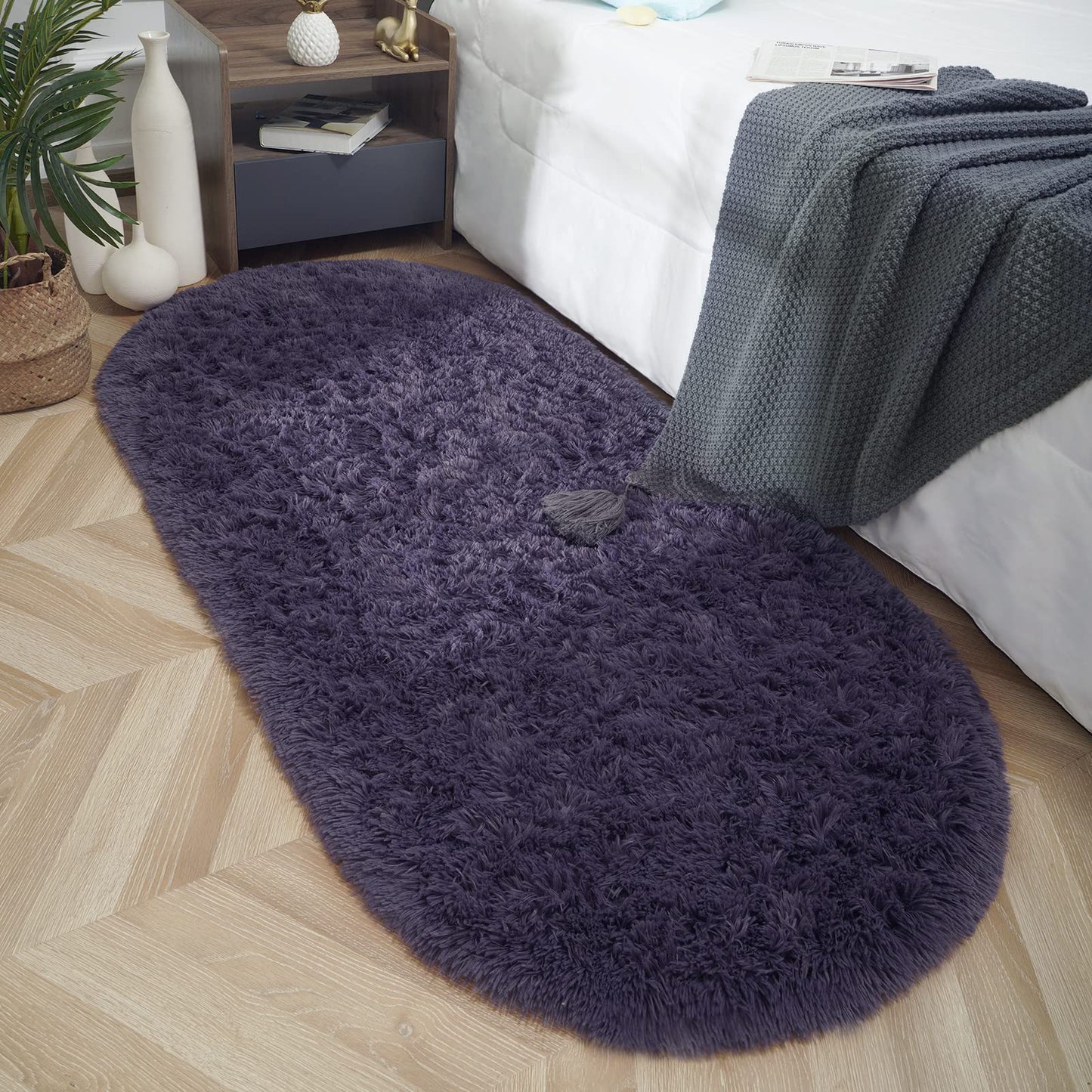 ISEAU Oval Fluffy Rug Carpets, Modern Plush Shaggy Area Rug for Kids Bedroom Extra Comfy Cute Nursery Mat Bedside Mats for Boys Girls Room Home Decor, 2.6 x 5.3ft, Grey Purple