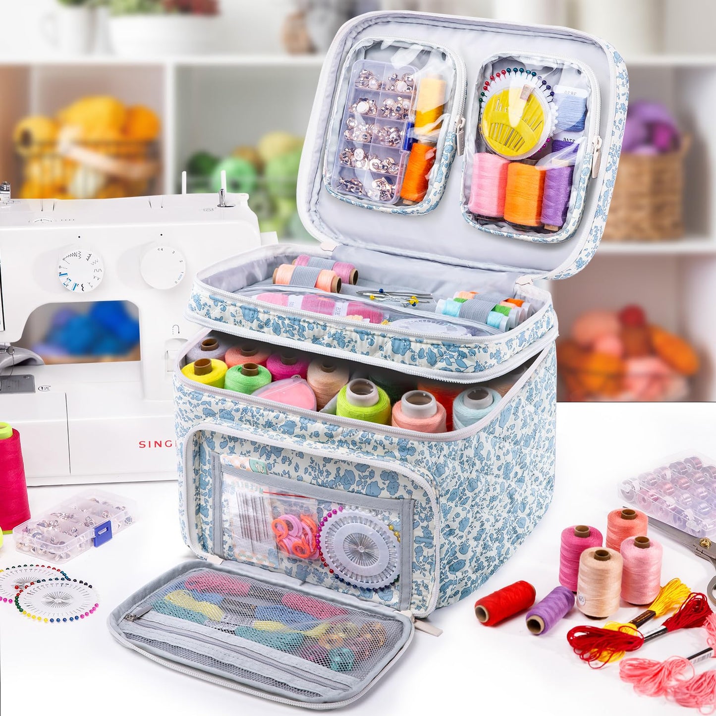 AMOIGEE Double-Layer Sewing Organizer Storage Bag with 2 Detachable Pouches, Large Quilted Sewing Basket for Supplies & Tools, Portable Travel Sewing Kit Case, Gift for Mom(Bag ONLY)